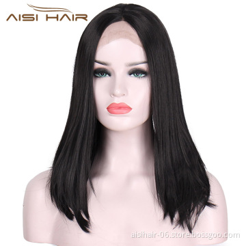 Aisi Hair Medium Long Natural Black Wig Silky Straight Front Lace Wig Synthetic Natural Wave Lace Frontal Hair Wigs For Women